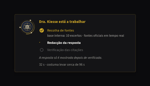 Ecrã real da plataforma: recolha de fontes, redacção da resposta e verificação das citações
